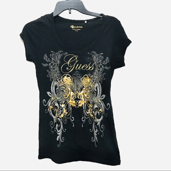 Guess Fitted Logo Embroidered Graphic Black Shirt - Picture 1 of 4